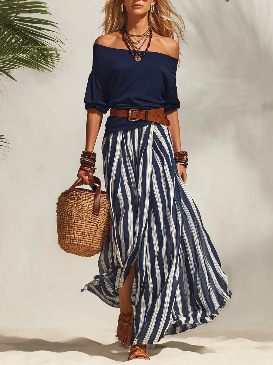 Isabella | Todelt sommersæt med off-shoulder top og stribet nederdel (inklusive bælte)