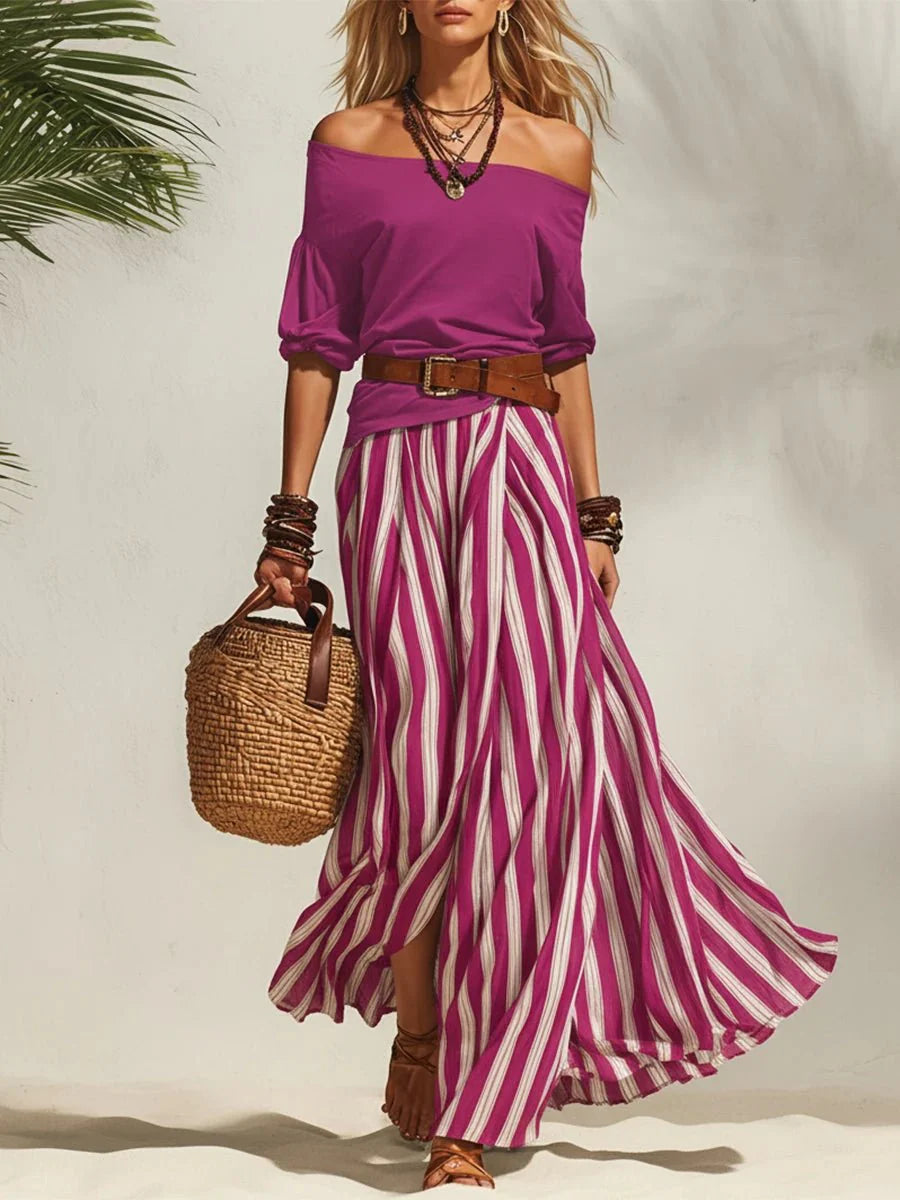 Isabella | Todelt sommersæt med off-shoulder top og stribet nederdel (inklusive bælte)