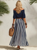 Isabella | Todelt sommersæt med off-shoulder top og stribet nederdel (inklusive bælte)
