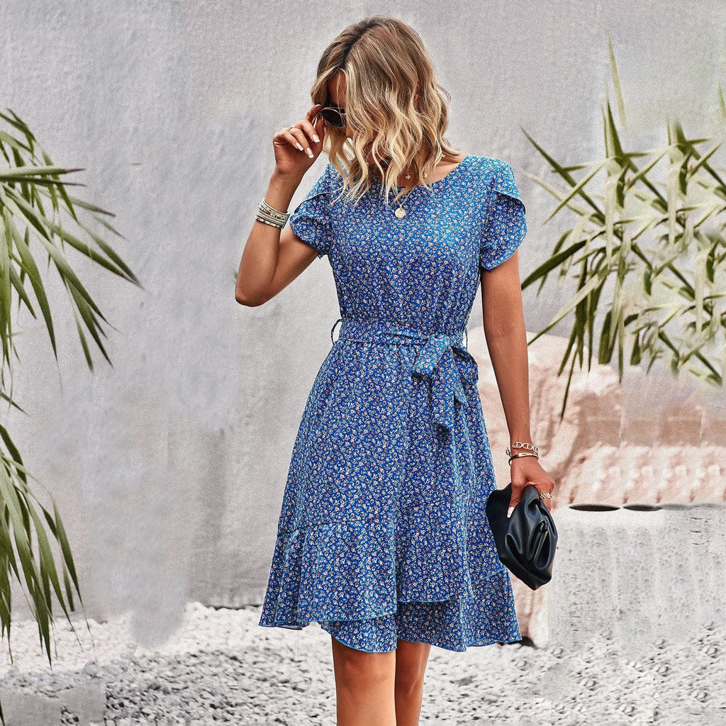 Maylea™ - Kort blå boheme kjole med print