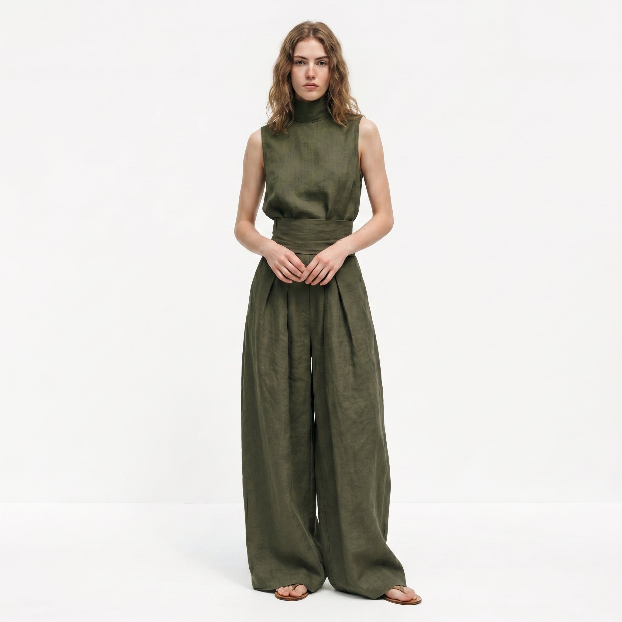 Madalena | Premiumt hør-sæt med høj krave og bukser med vidt ben — Elegance og komfort i ét look