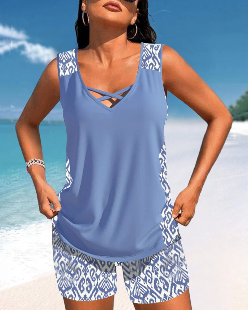 Tankini med geometrisk print og V-udskæring