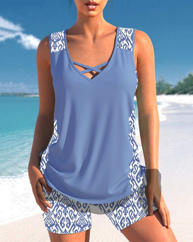 Tankini med geometrisk print og V-udskæring